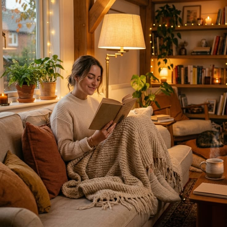 A living space with warm evening light representing the transition from work to personal time at home